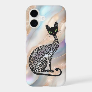 Étui iPhone Chat Noir Filigrane aux Yeux Verts