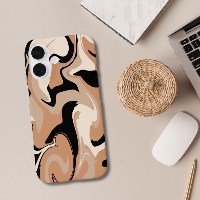 Étui iPhone Design Marbre Noir Et Marron (Black Brown Beige Marble Swirl Pattern iPhone 16 15 14 13 12 11 case.  )