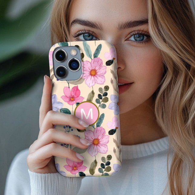 Étui iPhone monogramme bohème fleur rose (Créateur téléchargé)