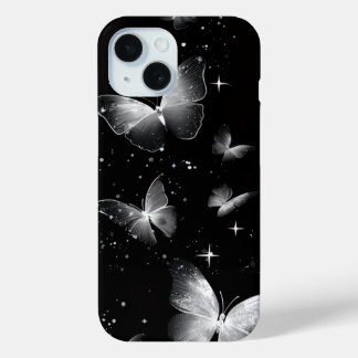 Étui iPhone noir papillons blancs lumineux 