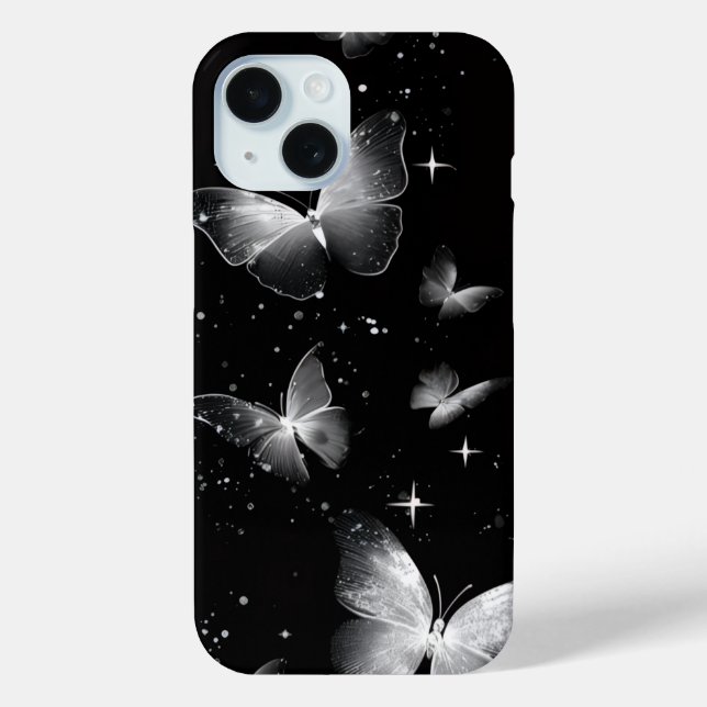 Étui iPhone noir papillons blancs lumineux  (Verso)