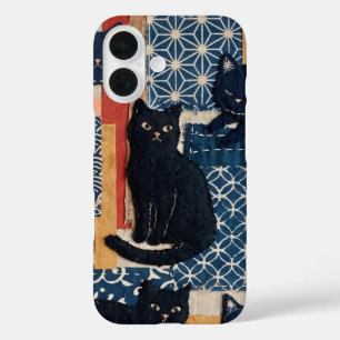 Étui iPhone Patchwork Chats Noirs Japonais Mignons