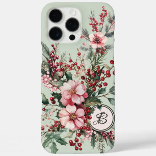Étui monogrammé floral de Noël à l'aquarelle rose