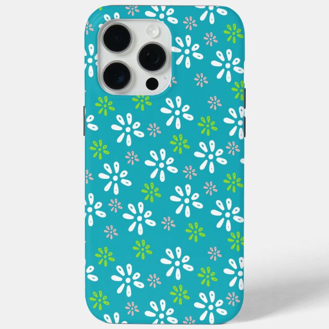 Étui pour iPhone 15 Pro Max à motif de fleurs turq (Verso)
