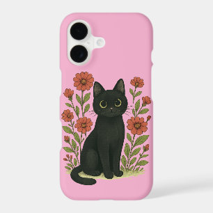 Étui pour iPhone 17 Chat Noir & Fleurs