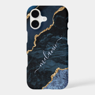 Étuis iPhone Agate Bleu Nuit Or Nom Personnalisé