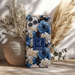 Étuis Téléphone Élégant Fleurs Ivoire et Bleu Luxe