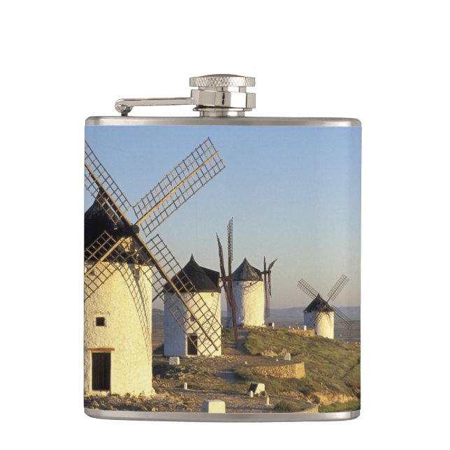 EU, Spain, La Mancha, Consuegra. Windmills and Hip Flask (Front)