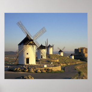 EU, Spain, La Mancha, Consuegra. Windmills and Poster