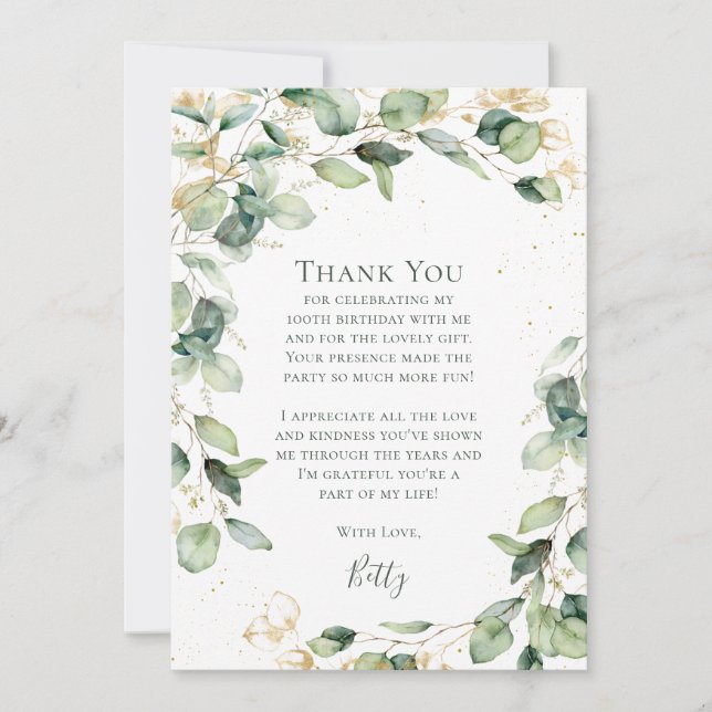 Eucalyptus 100th Birthday  Thank You Card (Front)