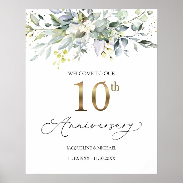 Eucalyptus 10th Wedding Anniversary Welcome Sign (Front)