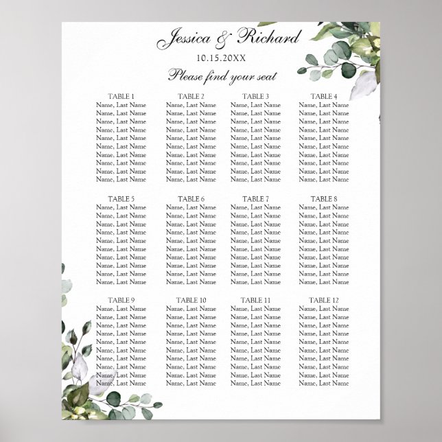 Eucalyptus 12 Tables Seating Chart Poster Sign (Front)