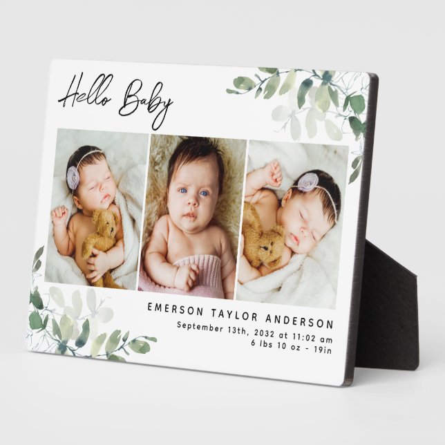 Eucalyptus 3 Photo Baby Birth Stats Keepsake Plaque (Side)