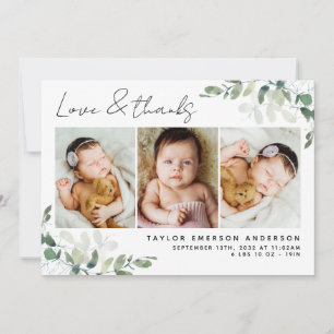 Eucalyptus 3 Photo Baby Birth Stats  Thank You Card