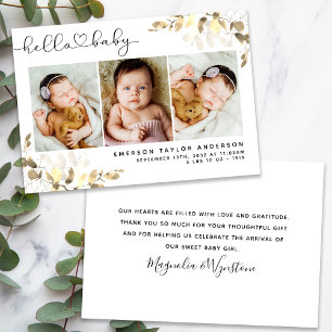 Eucalyptus 3 Photo Baby Birth Stats  Thank You Card