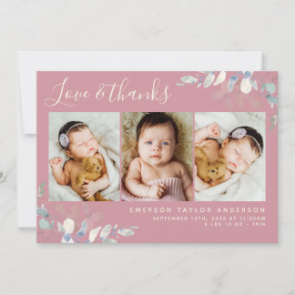 Eucalyptus 3 Photo Baby Birth Stats  Thank You Card