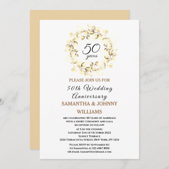 Eucalyptus 50th Wedding Anniversary Photo Gold Invitation (Front/Back)