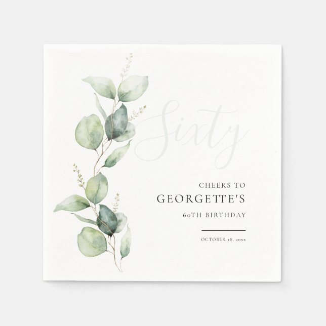 Eucalyptus 60th Adult Birthday Party Paper Napkin (Front)