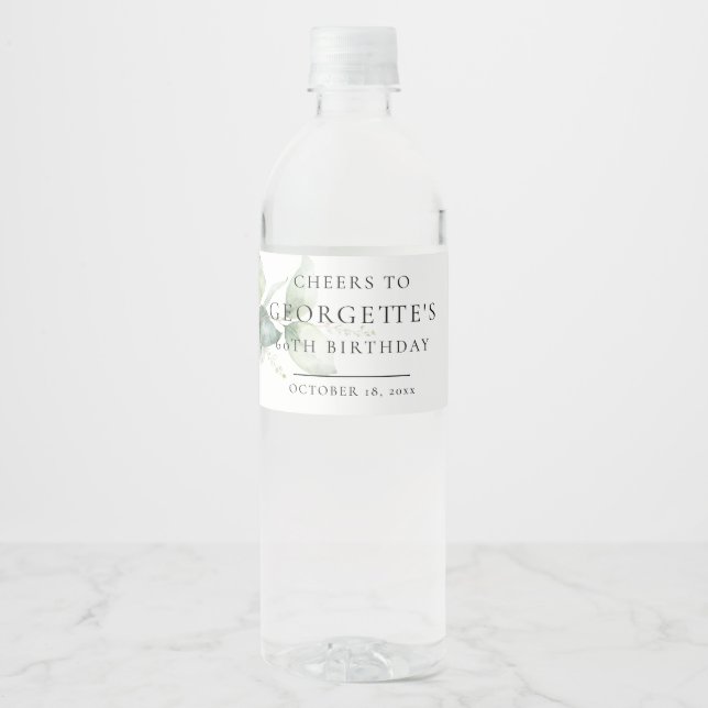 Eucalyptus 60th Adult Birthday Water Bottle Label (Front)