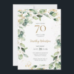 Eucalyptus 70th Birthday Invitation<br><div class="desc">This exquisite,  watercolor eucalyptus with gold leaf embellishments and gold splattered dots 70th birthday party invitation is perfect for big celebration.  It's soft flowy design is modern yet traditional.   Select Personalize this template to make it uniquely your own.  In seconds you will see your stunning birthday party invitations.</div>