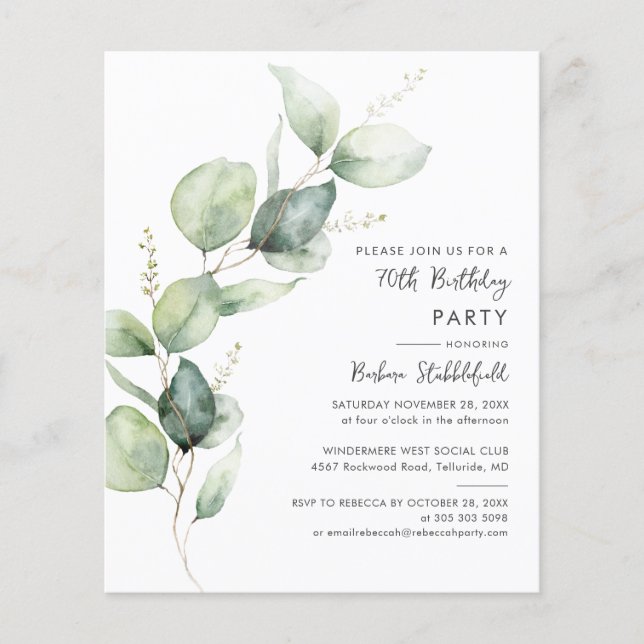 Eucalyptus 70th Birthday Party Budget Invitation (Front)