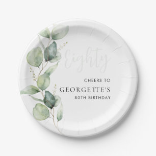 Eucalyptus 80th Birthday Watercolor Foliage Paper Plate
