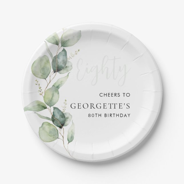 Eucalyptus 80th Birthday Watercolor Foliage Paper Plate (Front)