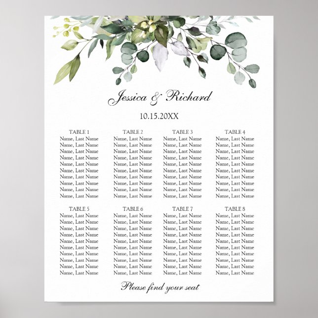 Eucalyptus 8 Tables Seating Chart Poster Sign (Front)