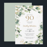 Eucalyptus 90th Birthday Invitation<br><div class="desc">This exquisite,  watercolor eucalyptus with gold leaf embellishments and gold splattered dots 90th birthday party invitation is perfect for big celebration.  It's soft flowy design is modern yet traditional.   Select Personalize this template to make it uniquely your own.  In seconds you will see your stunning birthday party invitations.</div>
