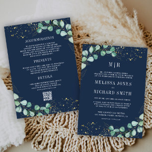 Eucalyptus All in One QR Code Navy Formal Wedding Invitation