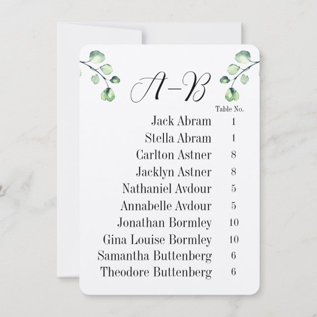 Eucalyptus Alphabetical 10 Guest Table Chart Cards (Back)