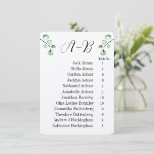 Eucalyptus Alphabetical 12 Guest Table Chart Cards
