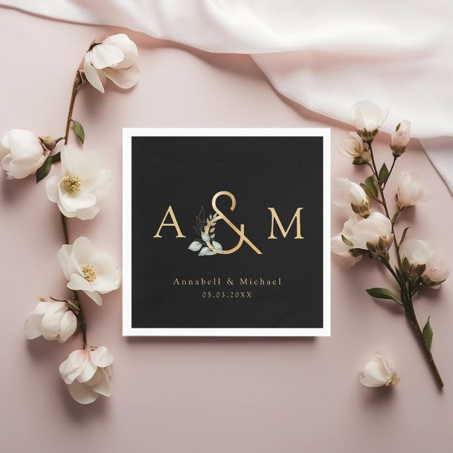 Eucalyptus, Ampersand, Black, Gold, Wedding  Napkin (Eucalyptus, Ampersand, Black, Gold, Wedding Napkins)