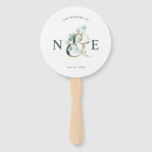 Eucalyptus Ampersand Gold Green Wedding Program Hand Fan (Front)