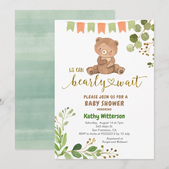 Eucalyptus and Bear We Can Bearly Wait Baby Shower Invitation (Front/Back)