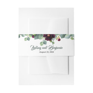 Eucalyptus and Burgundy Red Flowers Wedding Invitation Belly Band