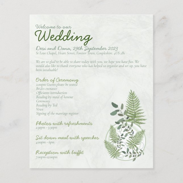 Eucalyptus and Fern Rings Wedding Programme Flyer (Front)