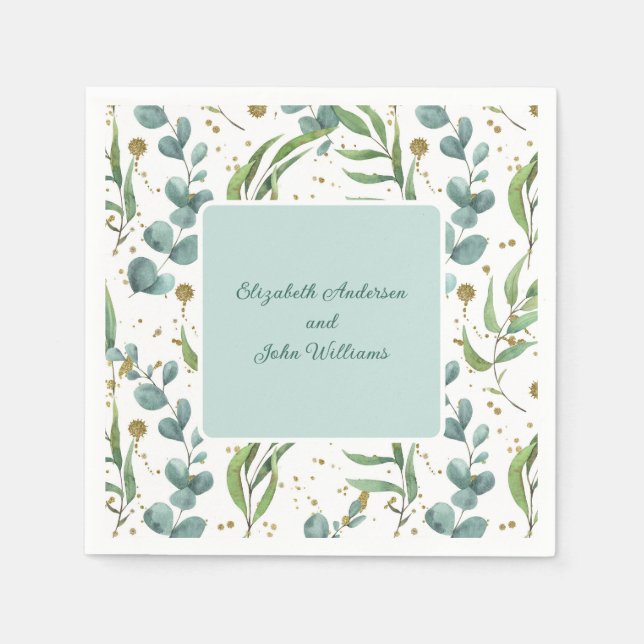 Eucalyptus And Gold Couple Wedding Napkin (Front)