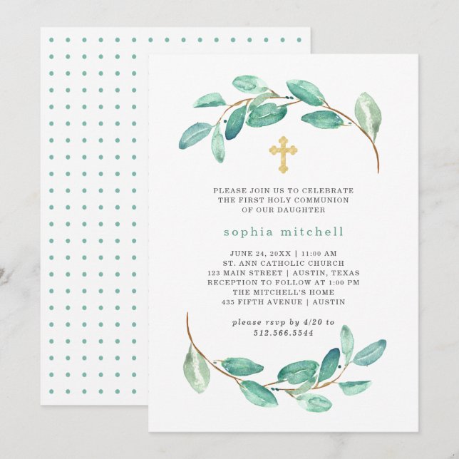 Eucalyptus and Gold Cross | First Holy Communion Invitation (Front/Back)