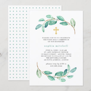 Eucalyptus and Gold Cross First Holy Communion Invitation