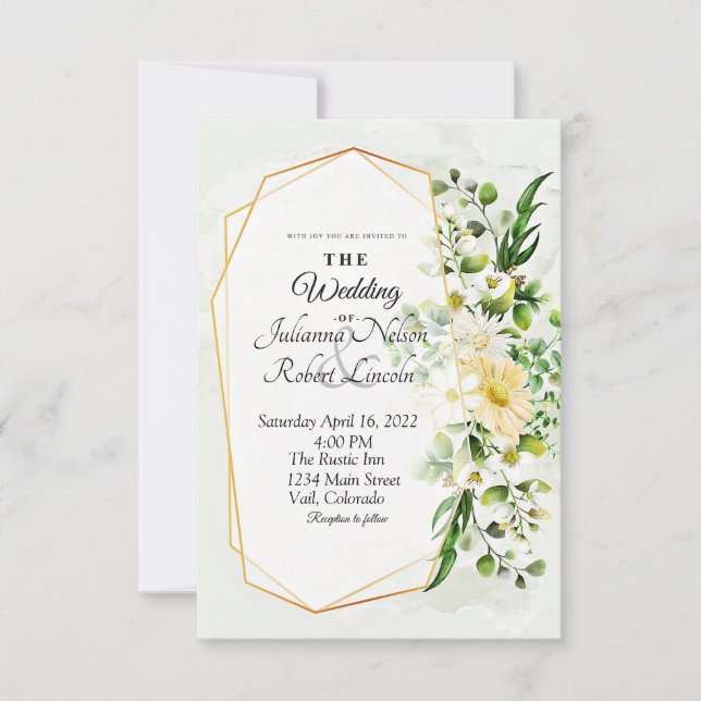 Eucalyptus and gold floral wedding invitation (Front)