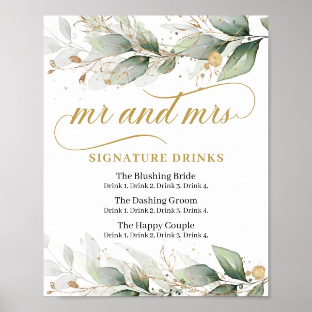 Eucalyptus and gold leaves signature drinks sign (Front)