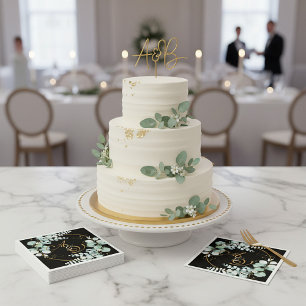 Eucalyptus and gold on black personalized wedding napkin