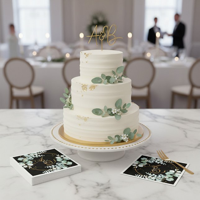 Eucalyptus and gold on black personalized wedding napkin (Creator Uploaded)