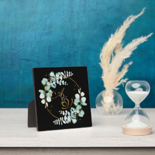 Eucalyptus and gold on black personalized wedding  plaque