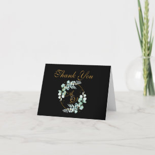 Eucalyptus and gold on black personalized wedding thank you card