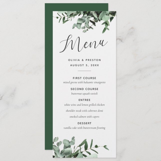 Eucalyptus and Greenery Watercolor Wedding Menu (Front/Back)