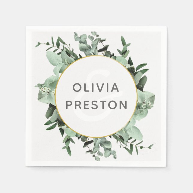 Eucalyptus and Greenery Watercolor Wedding Napkin (Front)