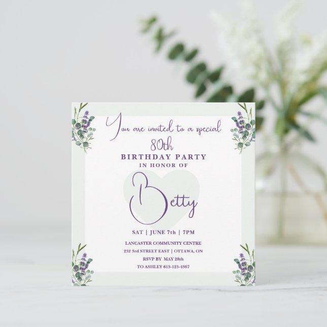 Eucalyptus and Lavender 100th Birthday Invitation (Standing Front)