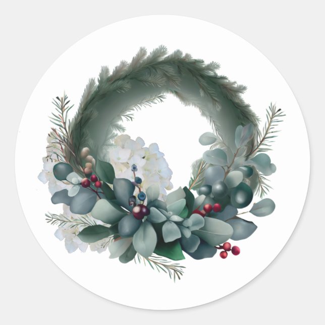 Eucalyptus and Pine Bough Wreath Classic Round Sticker (Front)
